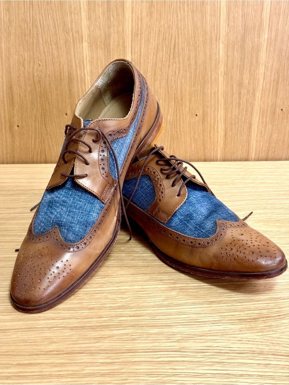 Navyboot Tan Leather and Blue Fabric Wingtip Derbys, Men’s EU 45 / US 11.5-12